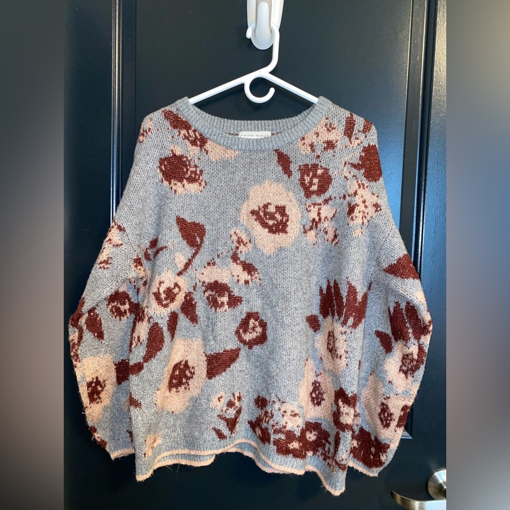 Knox Rose Crew Neck Long Sleeve Floral Sweater Size X-Large, Grey and Pink